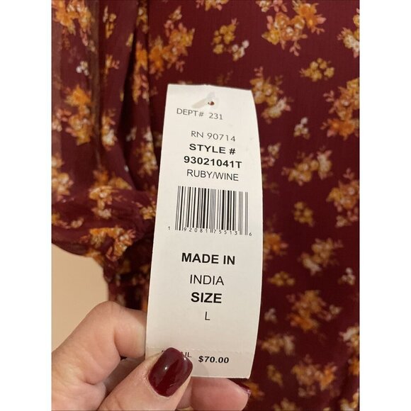 MSK Fit and Flare Dress Womens L Ruby Wine Sheer Micro Floral Fairy Whimsical - Picture 9 of 15